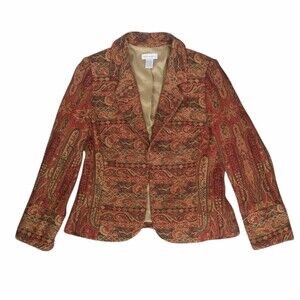 Vintage Blazer Women 14 Paisley Tapestry Worthington Orange Woven Cotton Jacket